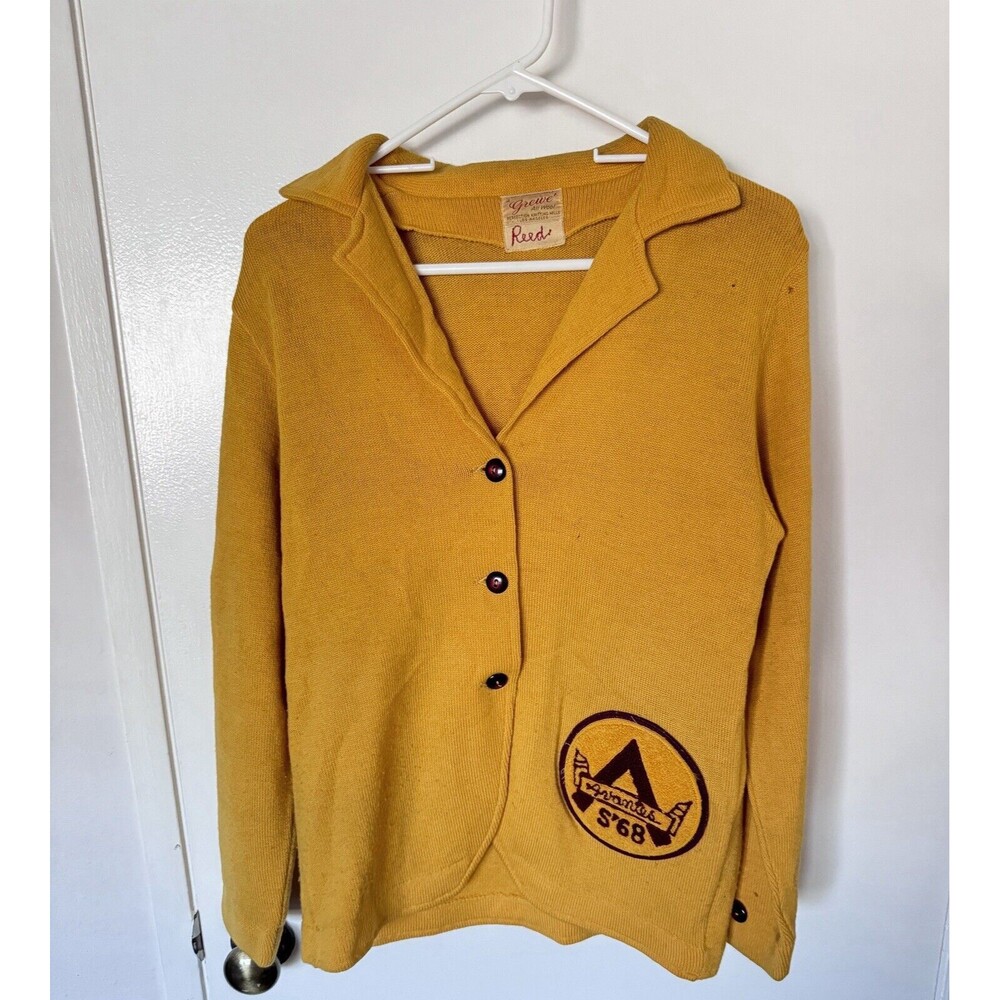 Vintage 1968 Grewe 100% Wool Yellow Red High School Varsity Sweater Avantes Reed - Picture 2 of 13